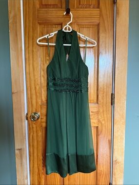 BCBGMaxAzria Deep Green One-Shoulder Halter Dress